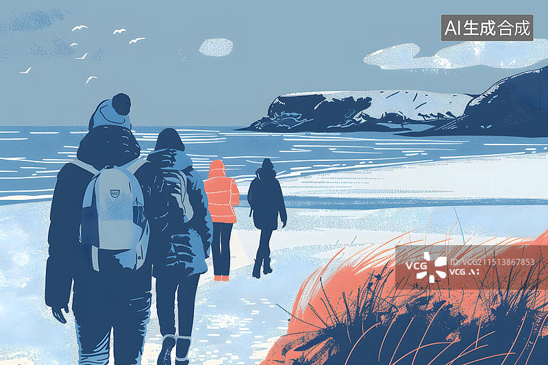 【AI数字艺术】四个人在海滩上向海洋走去图片素材