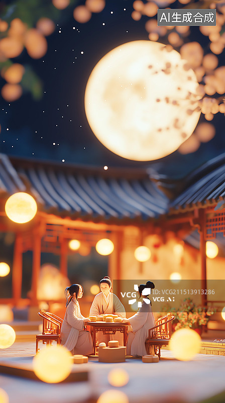 【AI数字艺术】3D移轴摄影海报——古代的中秋节，一家人在院子里团聚，吃月饼，赏月图片素材