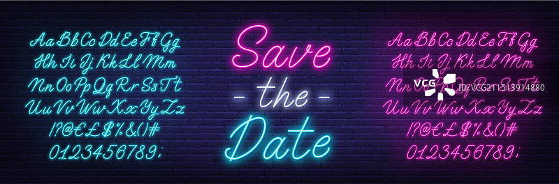砖墙背景上的“保存日期”霓虹灯标志图片素材