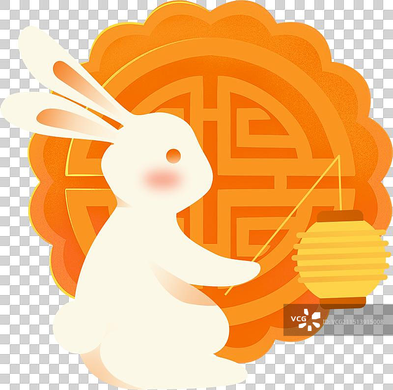 中秋节月饼前提着灯笼靠着月饼的兔子图片素材