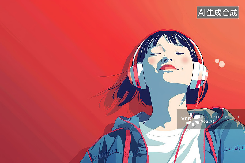 【AI数字艺术】红色背景用耳机听音乐的可爱女孩插画图片素材