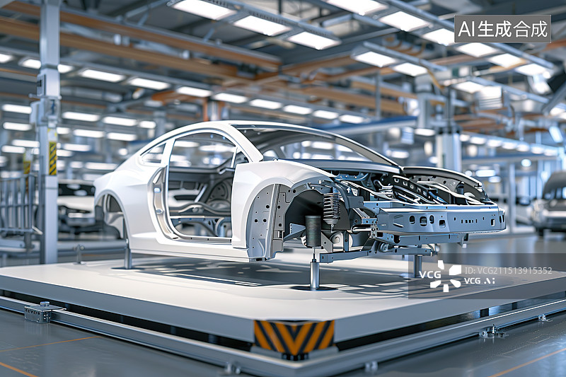 【AI数字艺术】白色现代工厂里的一台汽车车架——汽车工业制造设计概念图片素材