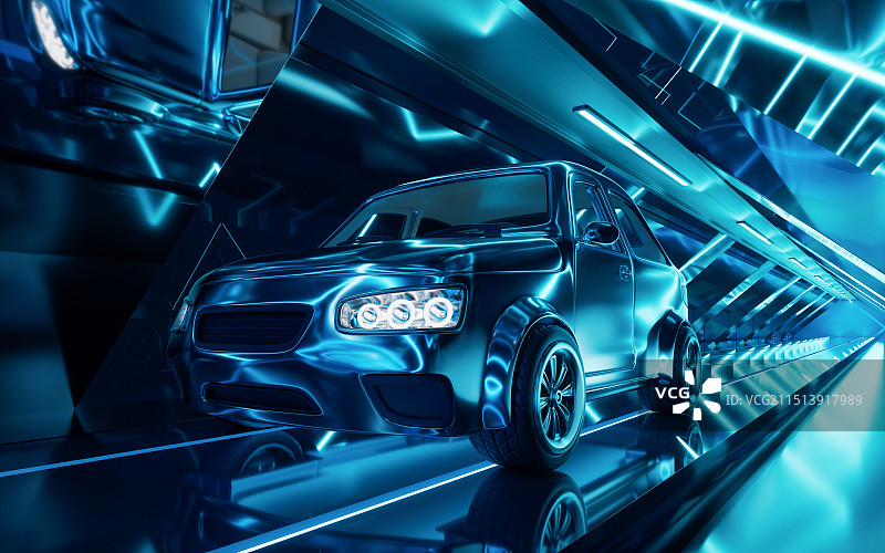汽车与霓虹灯光隧道三维渲染图片素材