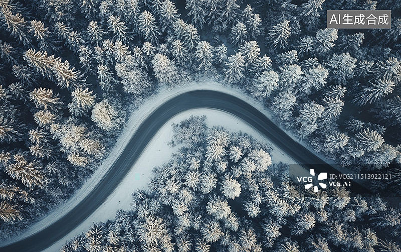 【AI数字艺术】正上方航拍雪地中森林中的公路图片素材