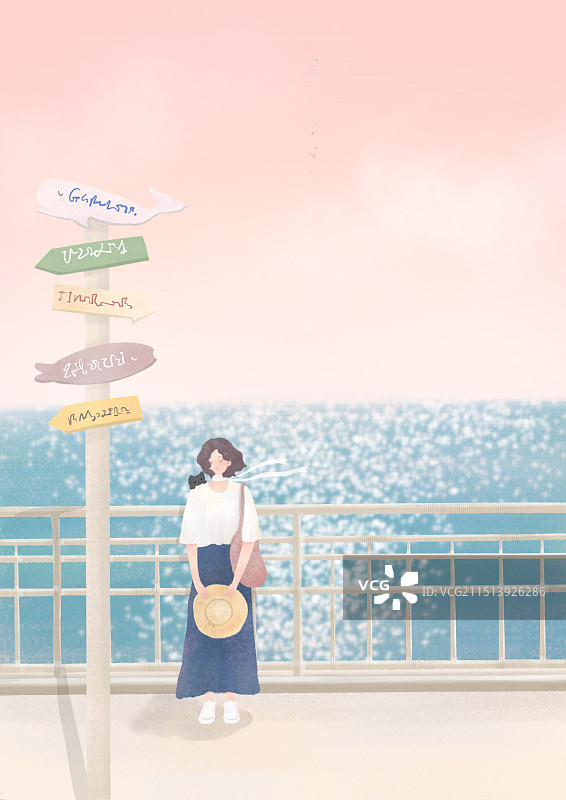 夕阳下海边车站女孩治愈风景插画图片素材