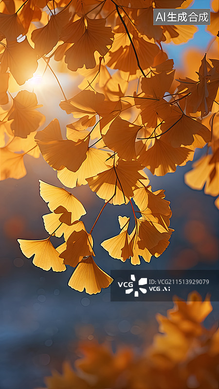 【AI数字艺术】秋天秋色金黄色的银杏叶图片素材