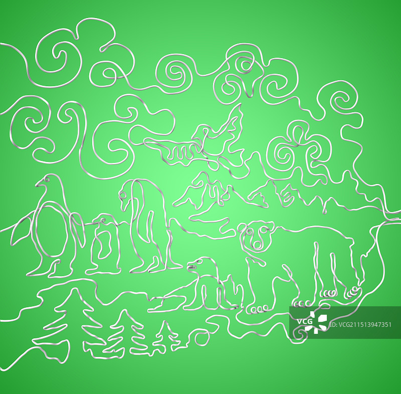 白色线条组成的各种动物在绿色渐变背景图片素材