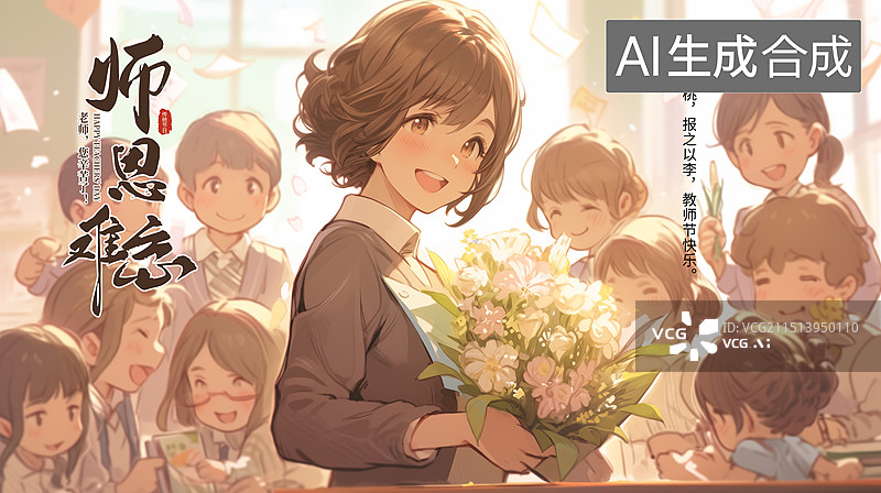 【AI数字艺术】9月10日 感恩教师节插画海报模版 教室学生给老师献花 女老师手握花束 卡通插画图片素材