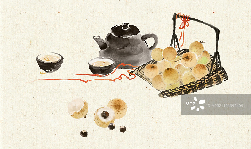 龙眼节气水果白露—国画写意古风插画背景图片素材