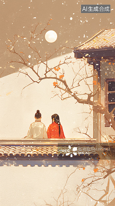 【AI数字艺术】古风手绘月光下坐在屋檐的古代情侣插画图片素材