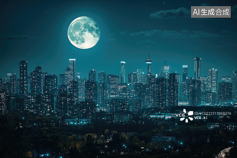 【AI数字艺术】城市，夜晚摩天大楼天际线月亮图片素材