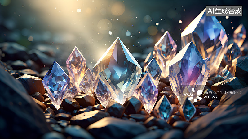 【AI数字艺术】3D渲染，璀璨发光的水晶宝石晶体，矿石原石特写，背景图，壁纸图片素材