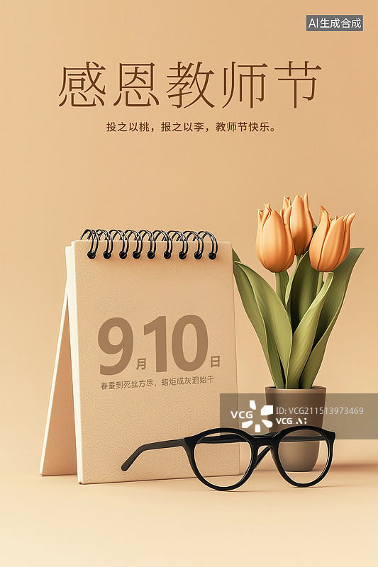 【AI数字艺术】3D渲染 教师节桌面上的花束、台历和办公桌 插画海报模版 老师您辛苦了 学生感恩老师开学季教育插画图片素材