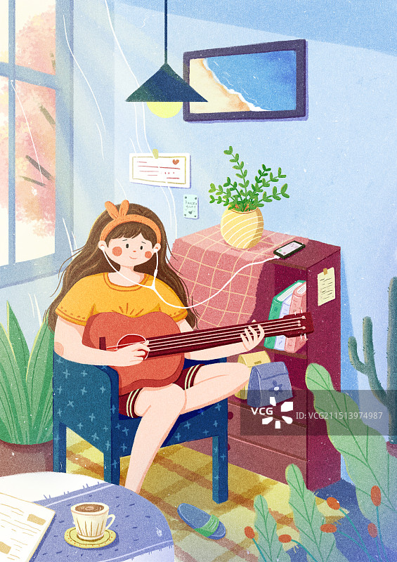 扁平插画-一个人的音乐时间图片素材