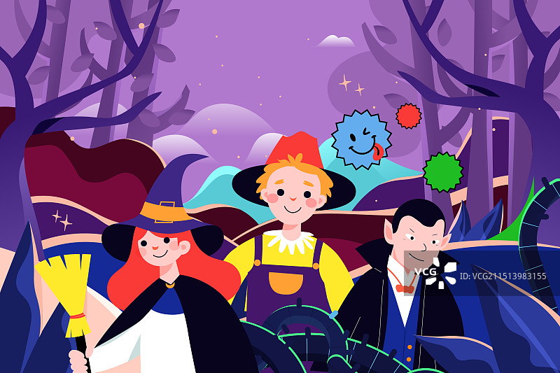 卡通万圣节派对庆祝西方节日娱乐休闲活动购物电商促销朋友聚会怪物女巫捣蛋鬼怪角色扮演渐变背景矢量插画图片素材