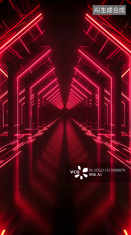 【AI数字艺术】3D红色发光透视三维空间场景图片素材
