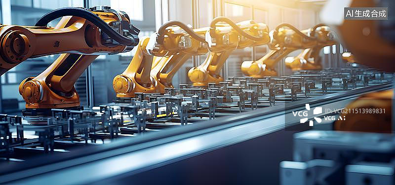 【AI数字艺术】全自动流水线机械臂 无人工厂 流水线上的机械臂作业图片素材