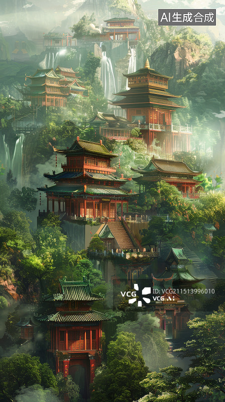 【AI数字艺术】东方古典山水画，绿树与寺庙群图片素材
