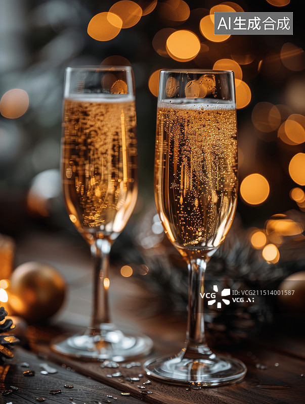 【AI数字艺术】香槟酒杯与节日灯光背景图片素材