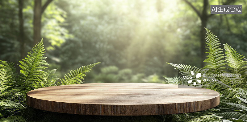 【AI数字艺术】木质展台与森林自然背景图片素材