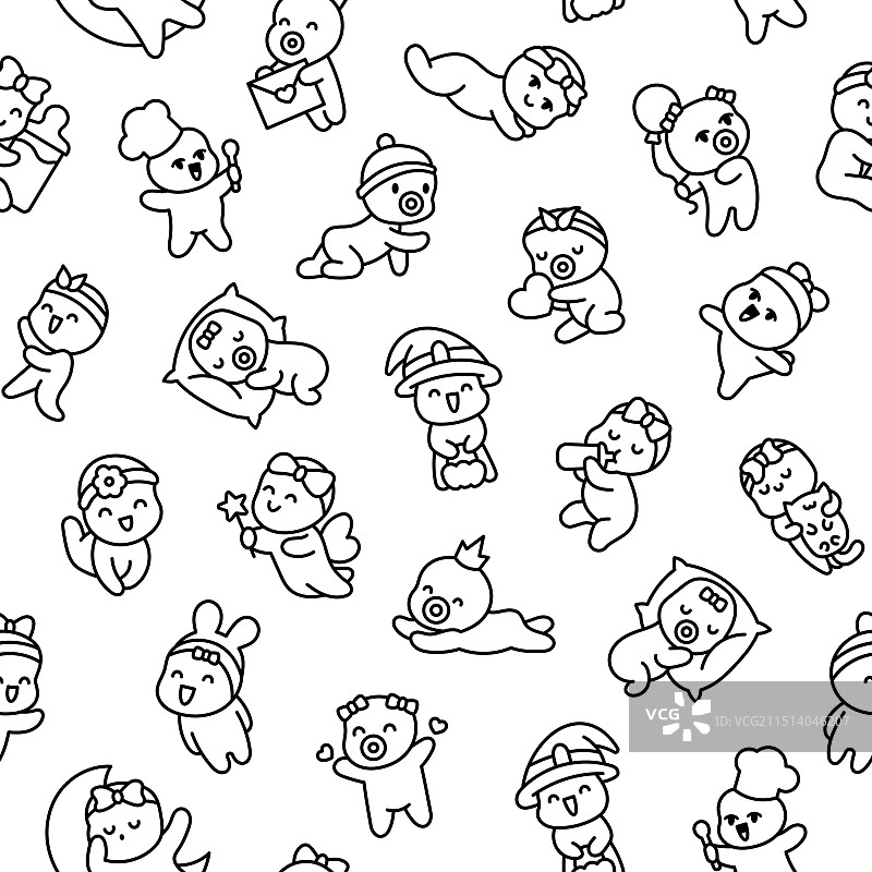 可爱的女宝宝无缝图案着色页图片素材