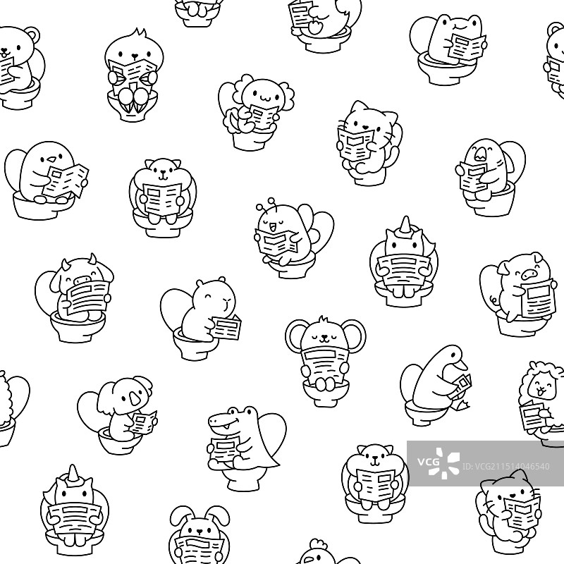 在马桶上排便的可爱动物着色页图片素材