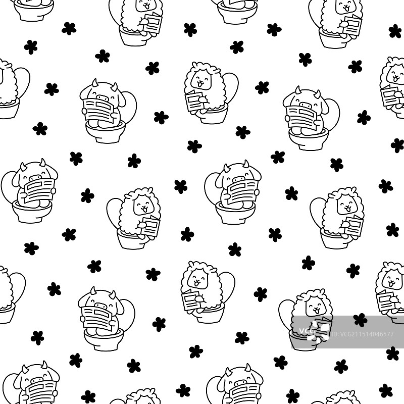 在马桶上排便的可爱动物着色页图片素材