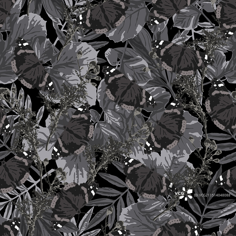 带有茂盛树叶蝴蝶的迷彩图案图片素材
