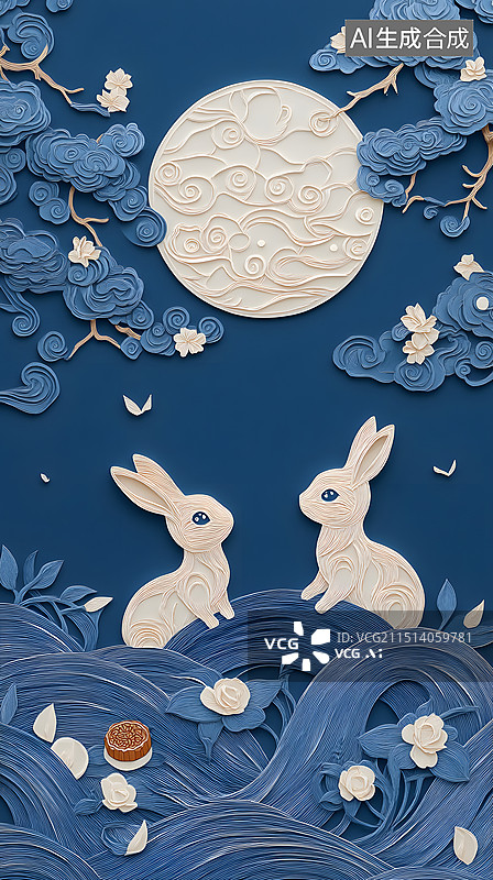 【AI数字艺术】中秋佳节圆月和玉兔图片素材