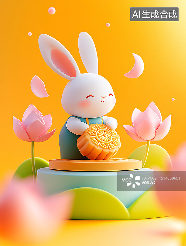 【AI数字艺术】中秋节可爱国潮风玉兔传统节日赏月3D插画图片素材