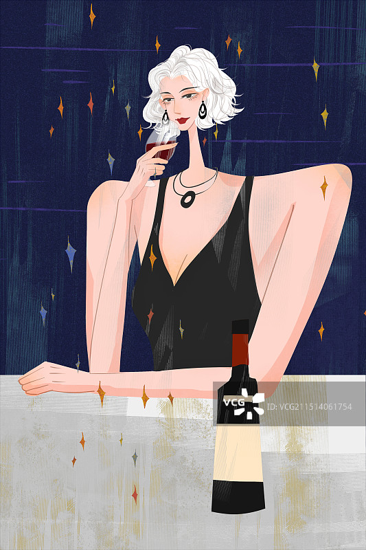 女性喝葡萄酒插画图片素材