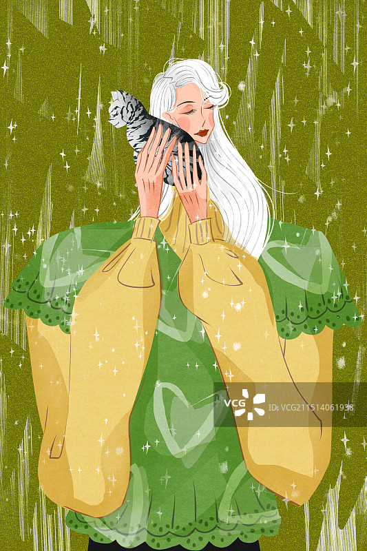 女性抱着猫插画图片素材