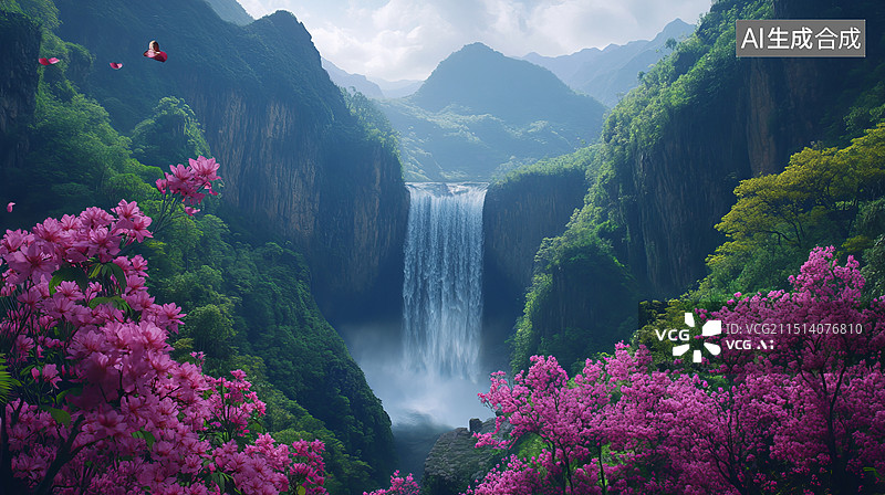 【AI数字艺术】世外桃源，花果山水帘洞图片素材