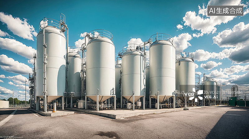 【AI数字艺术】蓝天白云下野外的小型炼油厂图片素材