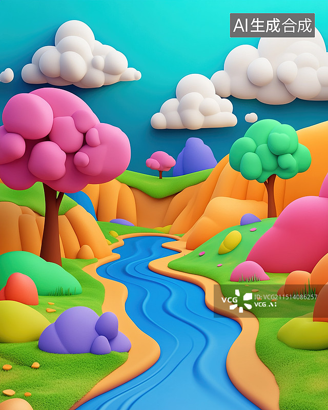 【AI数字艺术】卡通场景 野外小溪边图片素材