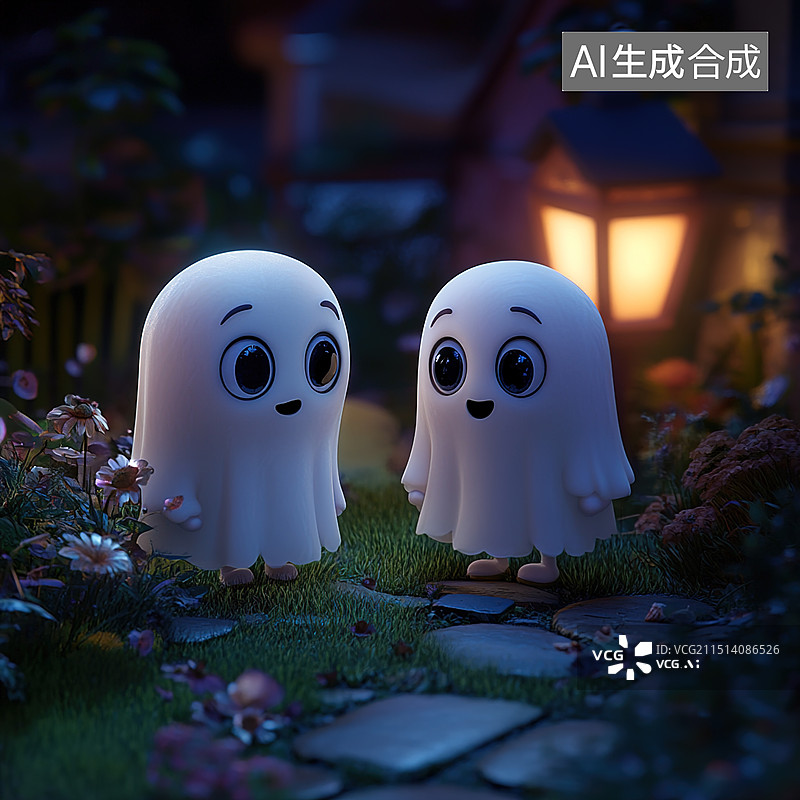 【AI数字艺术】万圣节 在庭院的小幽灵图片素材