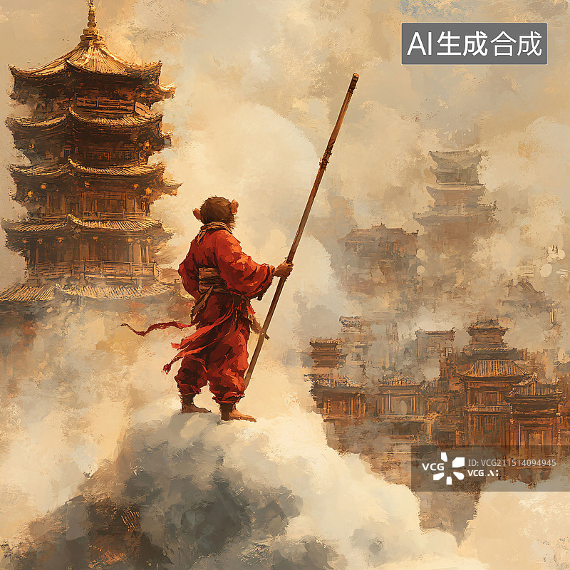 【AI数字艺术】西游记孙悟空筋斗云大闹天宫抽象肌理风格插画图片素材
