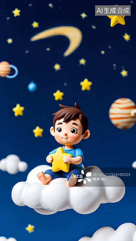 【AI数字艺术】3D渲染，粘土风格卡通儿童，星星的孩子，自闭症儿童主题插画，世界自闭症日海报，插画图片素材