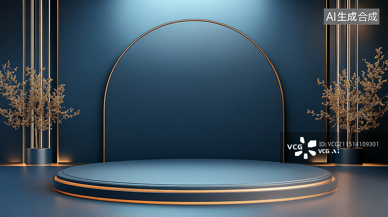 【AI数字艺术】蓝金人造空间产品展台背景图片素材