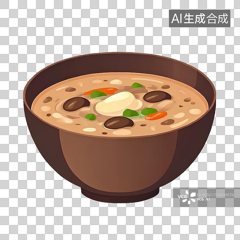 【AI数字艺术】手绘插画，木碗里的汤，一碗番茄汤，蔬菜汤，肉汤免抠元素图片素材