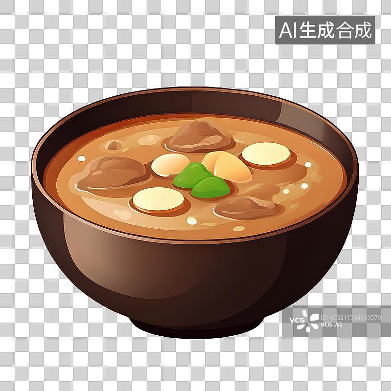 【AI数字艺术】手绘插画，木碗里的汤，一碗番茄汤，蔬菜汤，肉汤免抠元素图片素材