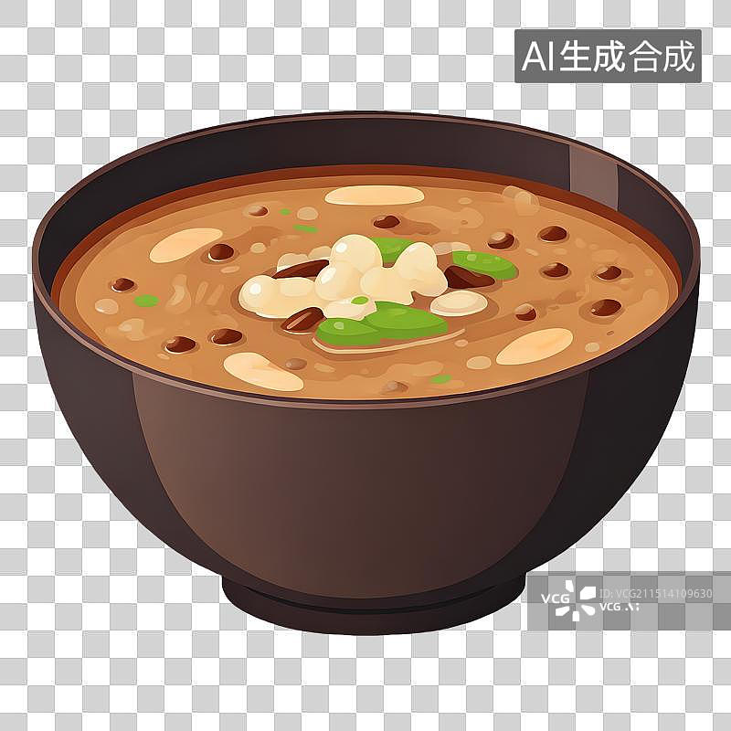 【AI数字艺术】手绘插画，木碗里的汤，一碗番茄汤，蔬菜汤，肉汤免抠元素图片素材
