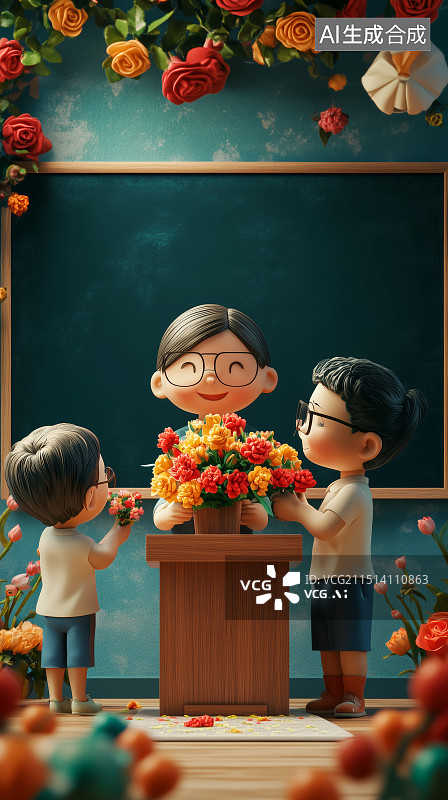 【AI数字艺术】3d卡通教师节插画老师手捧学生的鲜花图片素材