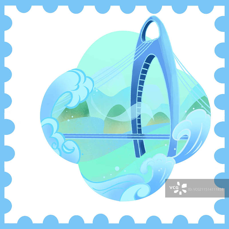 广东猎德大桥插画设计，国风元素，邮票，蓝色调图片素材