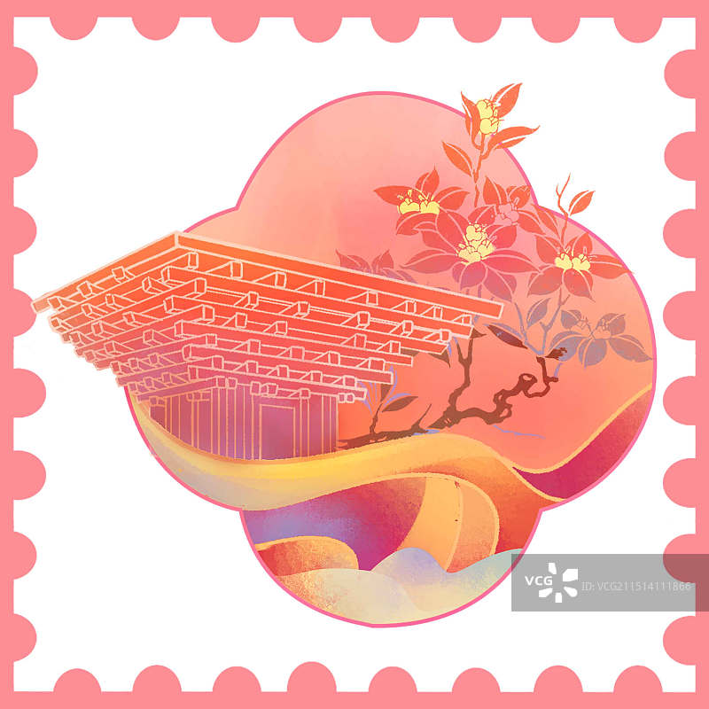 上海中华艺术馆插画设计，国风元素，粉色调，杏花树，邮票图片素材