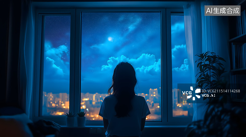 【AI数字艺术】夜幕下坐在窗边仰望星空的人图片素材