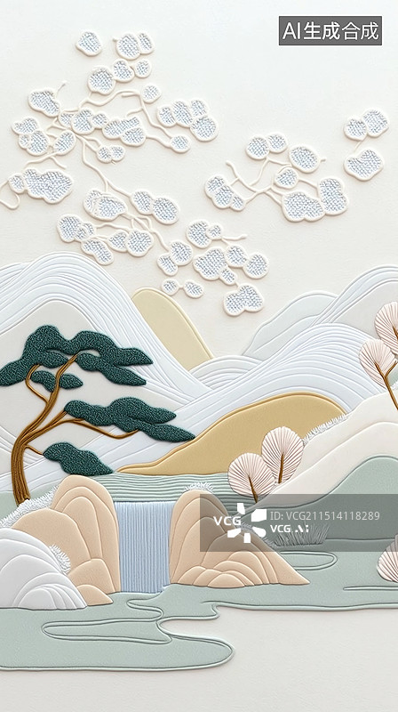 【AI数字艺术】中国风刺绣艺术插画——山水画图片素材