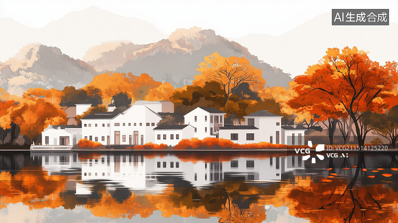 【AI数字艺术】秋色湖畔：水墨画般的乡村风光图片素材