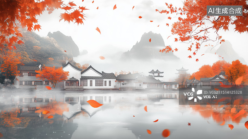 【AI数字艺术】秋色湖畔：水墨画般的乡村风光图片素材