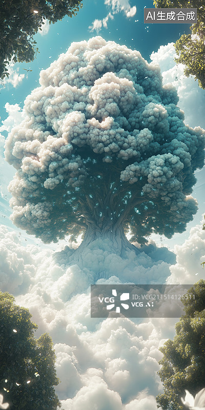 【AI数字艺术】神话高耸入云枝叶茂盛的世界树3D立体插画图片素材